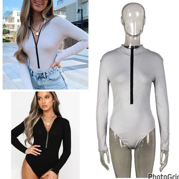 Longsleeved ribbed zipper bodysuit