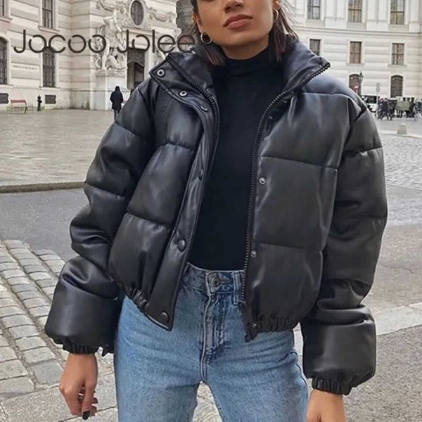 Crop puff leather jacket