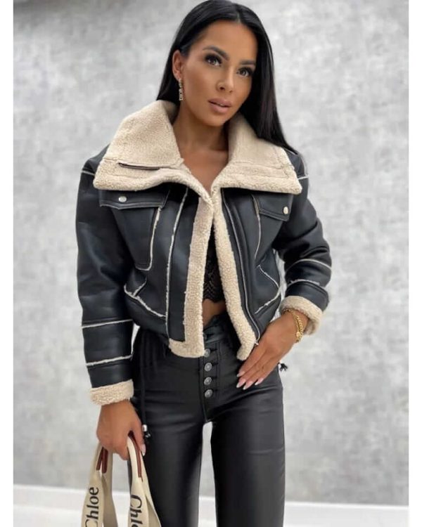 PU patchwork warm plush jacket.