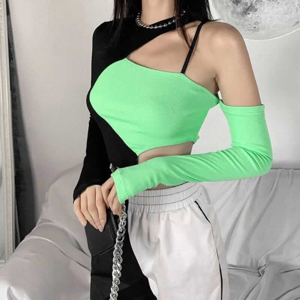 Green black patchwork top
