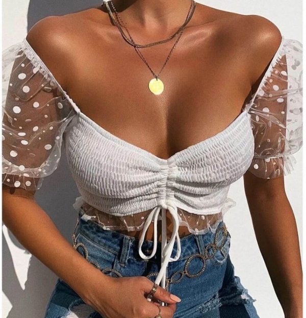 Sheer polka dot off shoulder top