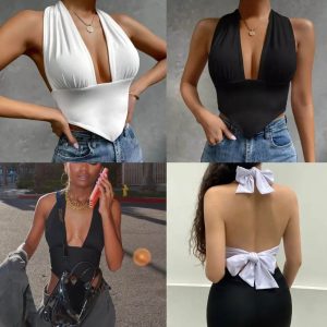Deep V-neck strapless halter crop top